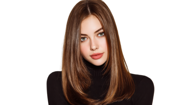 Portrait of a young woman with long brown hair, wearing a black turtleneck, against a white background. - Powered by Adobe