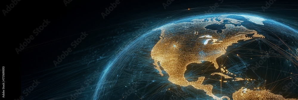 Wall mural global network coverage illustration digital connectivity with glowing trails and data transmission
