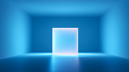Futuristic blue room with glowing portal panel, soft ambient lighting, and minimal design. Ideal for sci-fi concepts, tech branding, or digital art projects.