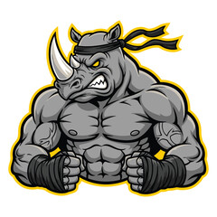Muscular cartoon rhinoceros warrior with red eyes and headband