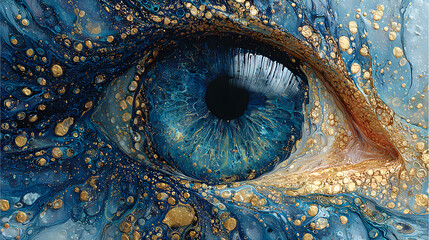 Intricate, Abstract Close-Up of a Mesmerizing Blue Eye Surrounded by Organic Liquid Forms