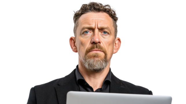 Serious business professional focused on work with laptop in hand, isolated on white background.