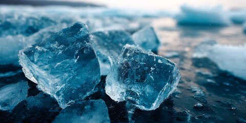 Sapphire Glacial Mosaic with Ice Fragments Sparkling in Arctic Light and Blue Reflections Scene