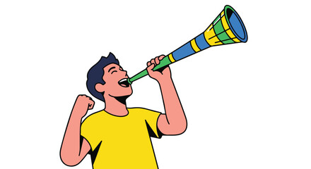 Enthusiastic supporter blowing a colorful horn and cheering during sporting event with joy and spirit demonstration