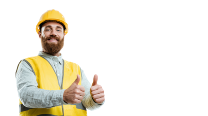 Smiling construction worker in safety gear giving thumbs up, isolated on white background.