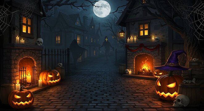 Spooky halloween night scene with carved pumpkins and full moon