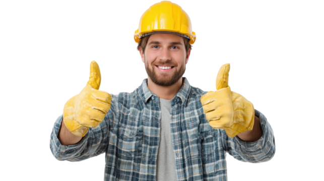 Smiling construction worker in a yellow hard hat and gloves giving thumbs up on a white isolated background.