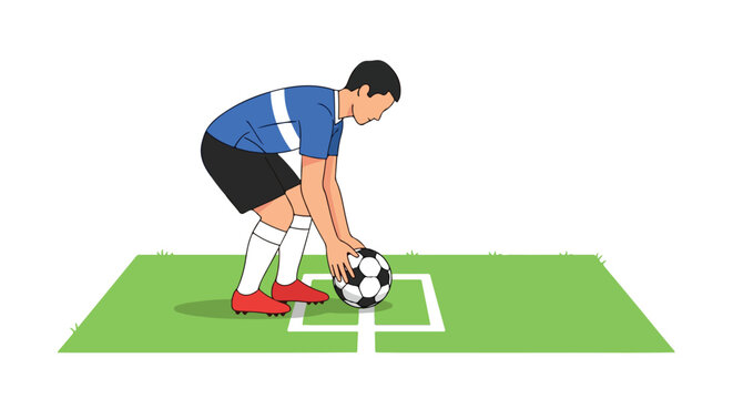 Illustrative depiction of a soccer player positioning the ball for a corner kick on a green pitch marking the field of play preparation for sports