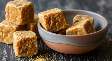 Jaggery Delight: A bowl of delicious and nutritious jaggery cubes on rustic wood jaggery is often