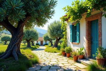 Obraz premium Serene Pathway to a Mediterranean-Style Cottage Nestled Among Lush Olive Trees and Vibrant Greenery Under a Sunny Sky