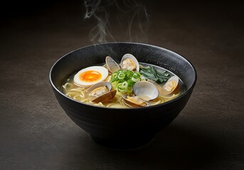 Delicious steaming seafood ramen bowl