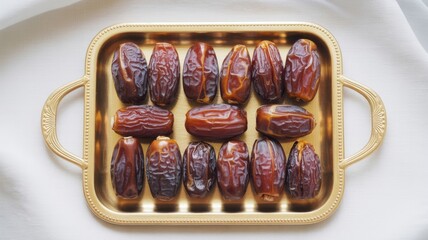 A golden tray showcases a collection of dates, their rich brown hues contrasting against the bright white background, creating an inviting and healthy display