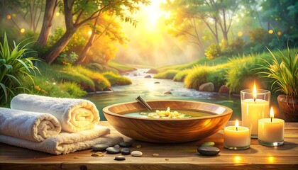 Spa Scene with Candles Towels and River Landscape.