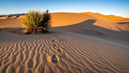 Solitary yucca plant casting a long shadow over footprints on golden rippled sand dunes.
