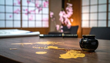 Spilled Golden Liquid on Wooden Table with Japanese Shoji Screen and Cherry Blossoms.