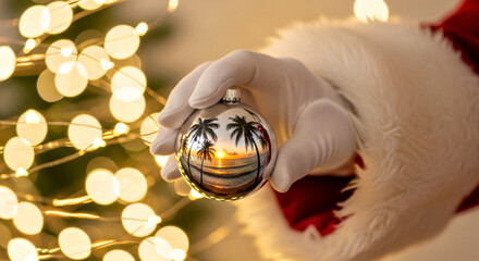 Fototapeta premium Santa Holding Tropical Ornament with Sunset Reflection Amid Festive Lights