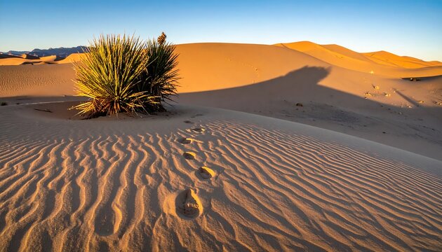 Solitary yucca plant casting a long shadow over footprints on golden rippled sand dunes.