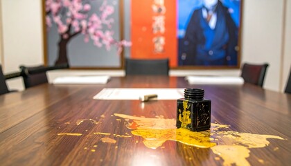 Spilled Yellow Ink on Wooden Conference Table with Paintings in Background.