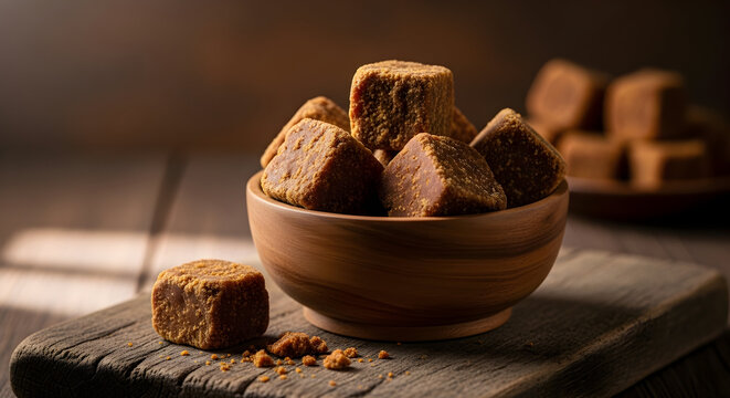 Delicious palm sugar or jaggery cubes in a wooden bowl, a traditional sweetener, ready to use in