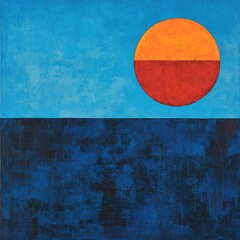 Abstract artwork featuring a large orange and red circle above a textured dark blue rectangular block, set against a bright blue background.