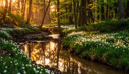 Spring Forest Stream with White Flowers and Golden Sunlight Reflections.