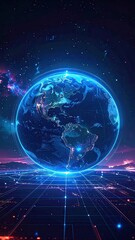 Glowing Blue Digital Globe on Futuristic Grid Landscape at Night