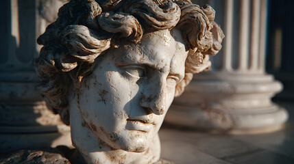 Naklejka premium White Marble Bust Sculpture Near Classical Columns in Sunlight