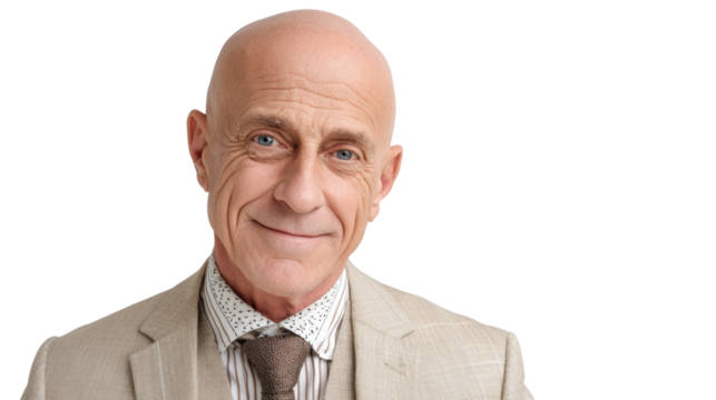 Smiling man in formal attire, white isolated background.