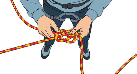 Visual guide demonstrating knot tying technique for climbers emphasizing safety procedure and preparation before starting ascents and descents
