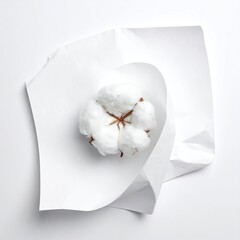 White cotton boll centered on crumpled white paper