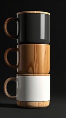 Stacked mugs, black, brown, white, wooden lids