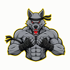 Aggressive muscular wolf warrior with red eyes and bandana