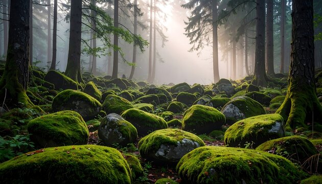Sunlit misty forest floor
