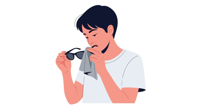 Man meticulously cleaning his eyewear with a soft cloth to remove smudges and maintain optical clarity for optimal vision