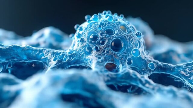 Close-up of a detailed 3D model of a biological cell structure, showcasing intricate details and vibrant blue hues
