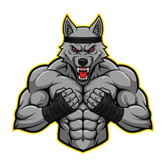 Aggressive muscular wolf warrior with red eyes and bandana