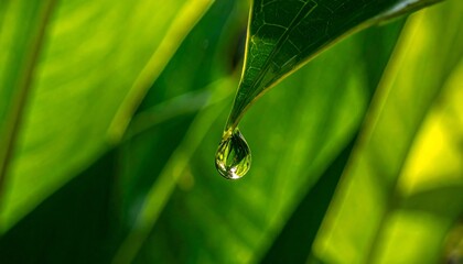Water Droplet Hanging from Leaf Tip with Green Foliage Reflection.