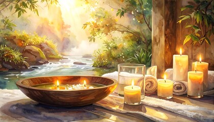Watercolor Spa Scene Candles Wooden Bowl and Serene River Landscape.