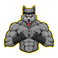 Aggressive muscular wolf warrior with red eyes and bandana