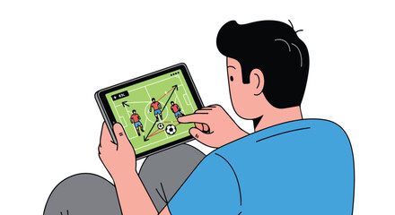 Man analyzes football game strategy on a digital tablet, interacting with tactics on the screen with his finger, technology meets sports analysis