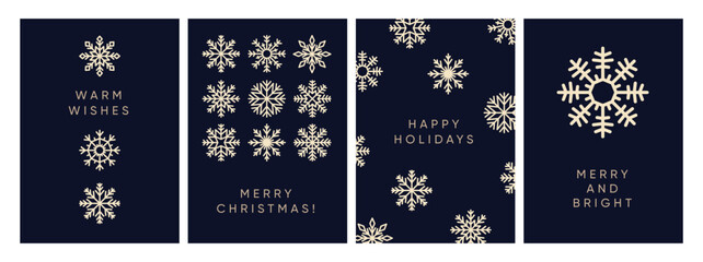 Merry Christmas cards set. Xmas and winter holiday postcard designs with snowflakes. Snow flakes patterns, crystals on festive posters with modern greeting typography. Flat vector illustrations © Good Studio
