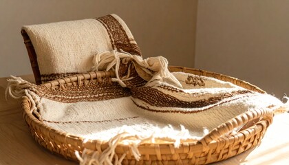Woven Blanket with Brown Stripes in a Wicker Basket.