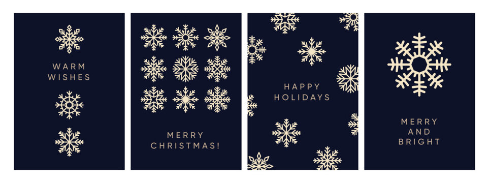 Merry Christmas cards set. Xmas and winter holiday postcard designs with snowflakes. Snow flakes patterns, crystals on festive posters with modern greeting typography. Flat vector illustrations