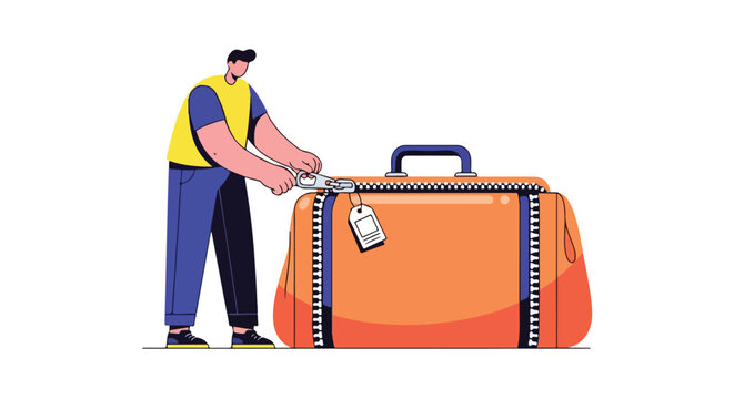 Illustrated man zipping up a large suitcase, representing travel preparations and packing for an adventure ahead featuring vibrant colors