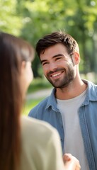 Fototapeta premium Close-up of man greeting woman friend in park