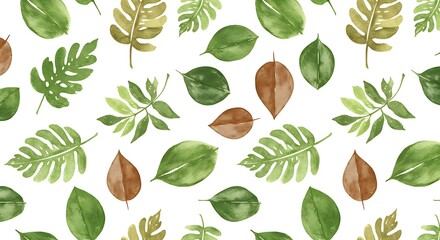 Watercolor leaves pattern on white background botanical design natural elements