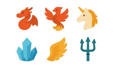Obraz premium Fantasy creature icons: dragon, phoenix, unicorn, crystal, wing, trident
