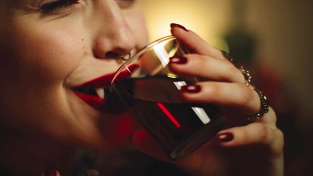 Vampire woman with fangs holding glass of red drink Halloween horror fantasy dark gothic makeup scary teeth spooky night costume party celebration creepy character 4k
