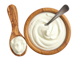 Creamy yogurt in wooden bowl and spoon