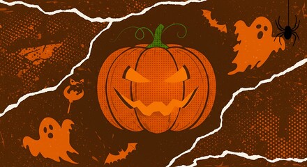 Spooky halloween pumpkin with ghosts and spider on abstract brown background